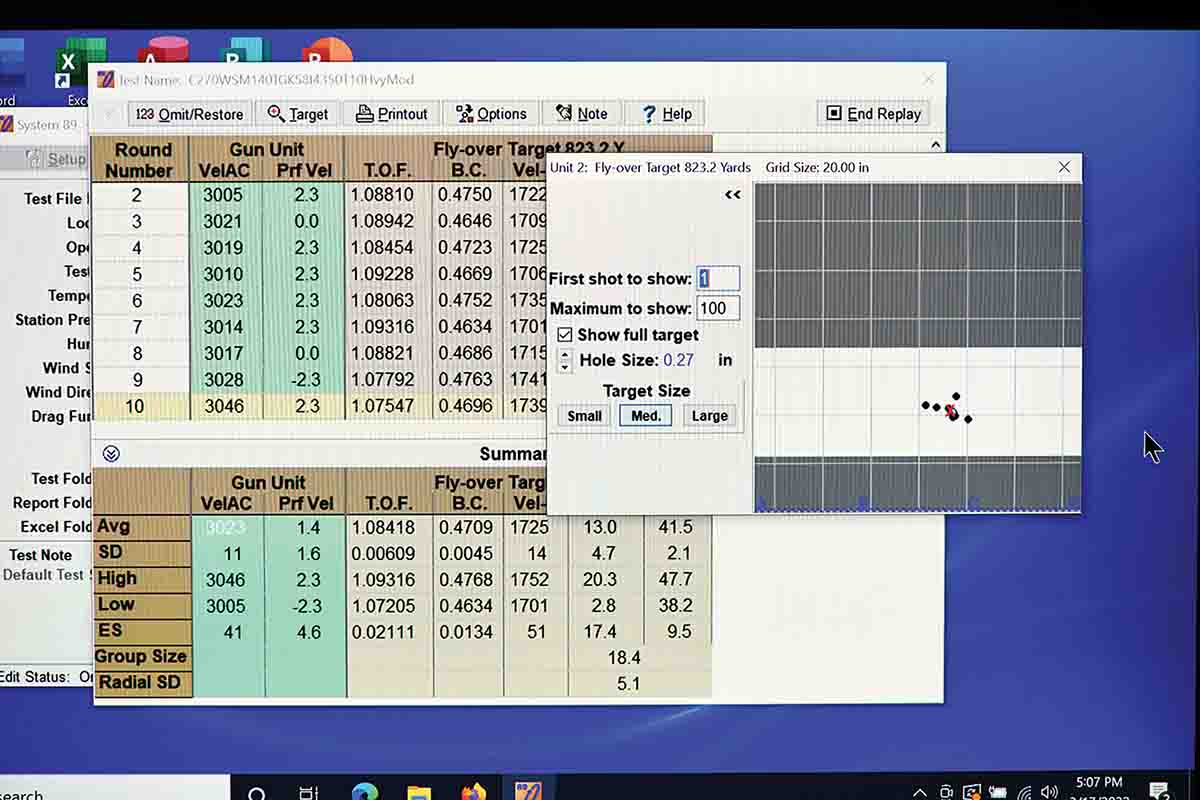 A computer screenshot of a 10-shot group with the group fired overlaying the data for each shot. Rick prefers to have the target showing while he shoots, in order to know where bullets impact. The grey bands on the target outline a “sweet spot” in the white area for ideal shot placement and recording of data.